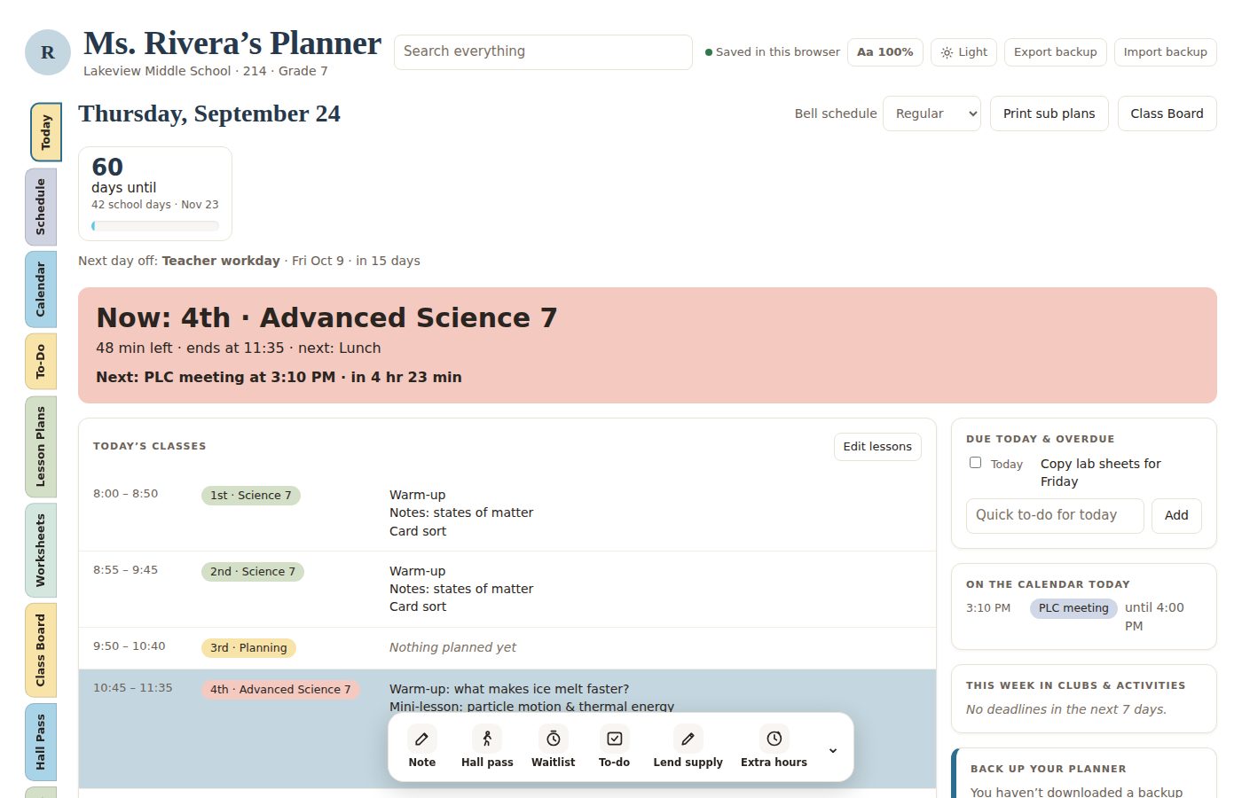 The Today page with the current class, today’s schedule, what’s due and tomorrow at a glance